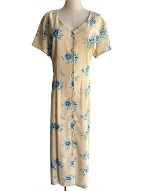 90s Cottagecore Maxi Dress L/XL Creamy Yellow Floral Lace Up Prairie Sundress